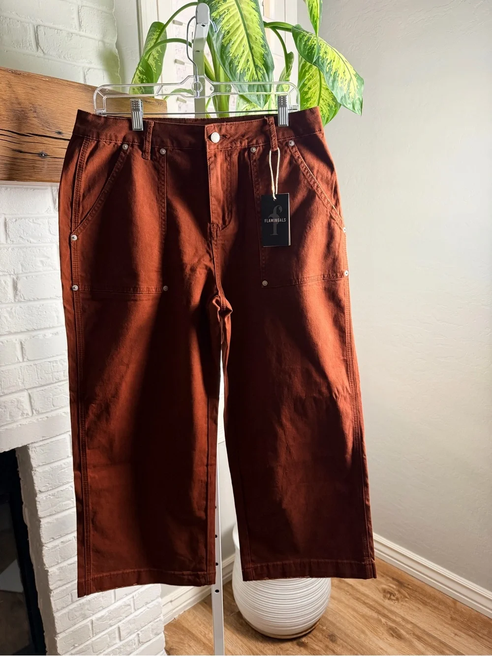 Flamingals Flap Pocket Back Mid Waist Wide Leg Crop Pants in Brown - Picture 6 of 8